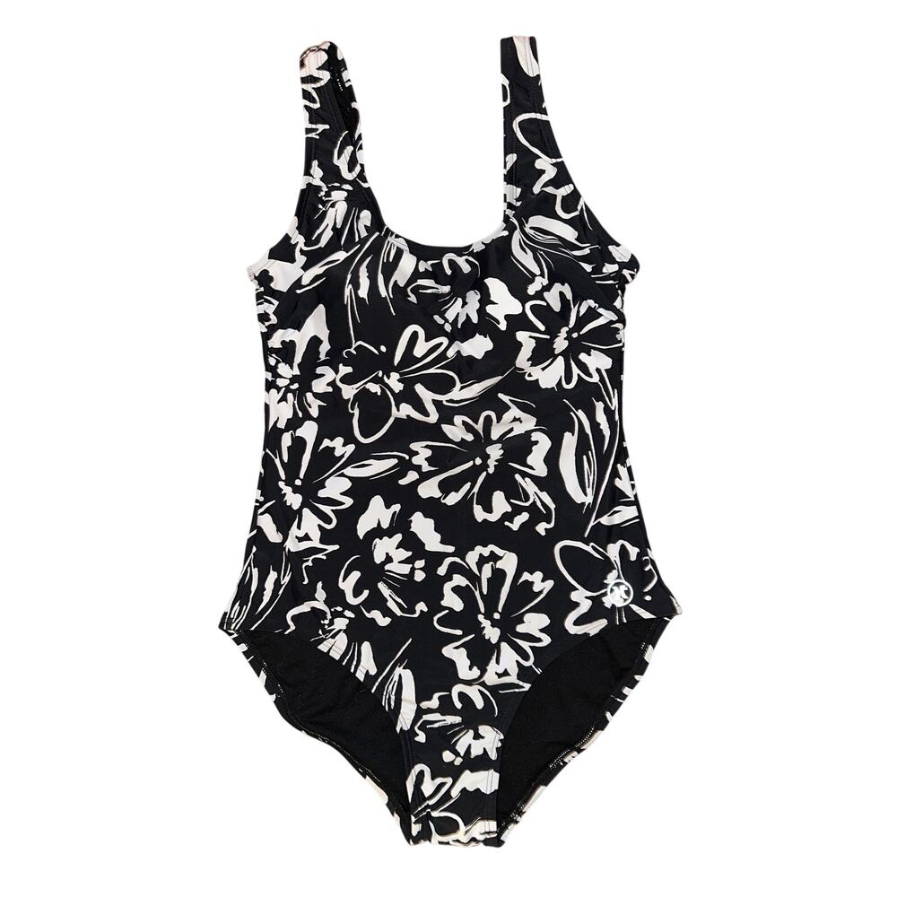 NWT Hurley Black White Floral One Piece Swimsuit Built-In Bra Cups UPF 50+ XS